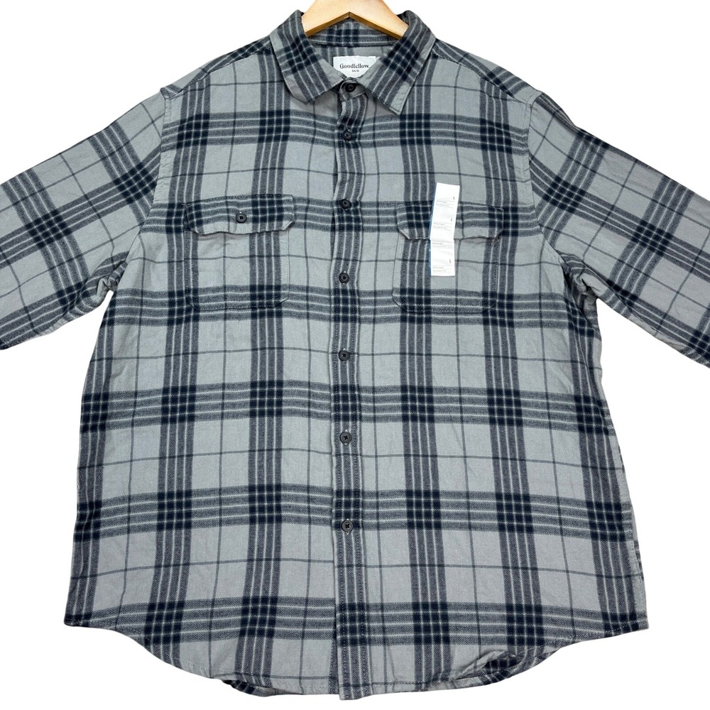 Goodfellow & Co Button Down Shirt Mens Large Gray Navy Blue Plaid Flannel NEW